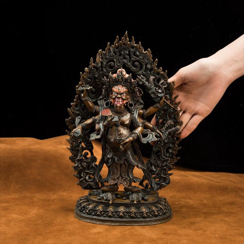 18th Century Six-Armed Mahakala Tibetan Antique Buddha Statue Bronze Gilt From Ganden Monastery puretibetan