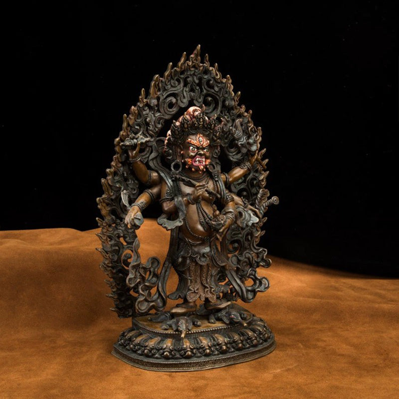 18th Century Six-Armed Mahakala Tibetan Antique Buddha Statue Bronze Gilt From Ganden Monastery puretibetan