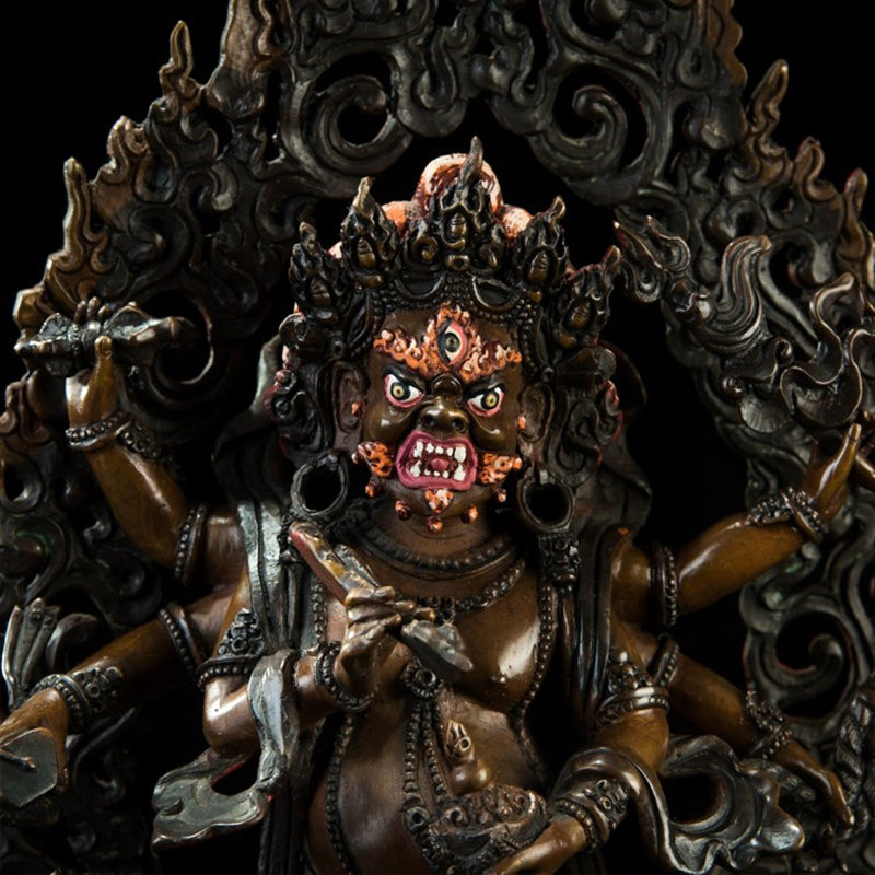 18th Century Six-Armed Mahakala Tibetan Antique Buddha Statue Bronze Gilt From Ganden Monastery puretibetan