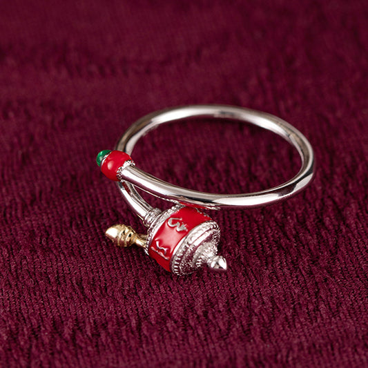 Prosperity Enamel Silver Prayer Wheel Ring Handcrafted for Wealth Energy