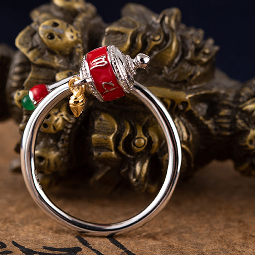 Prosperity Enamel Silver Prayer Wheel Ring Handcrafted for Wealth Energy