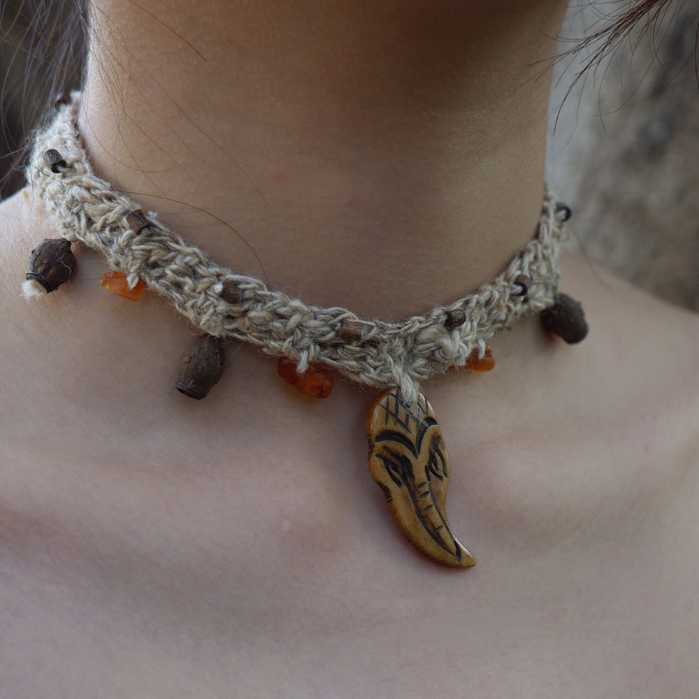 Guardian Spirit Handmade Necklace with Amber and Yak Bone