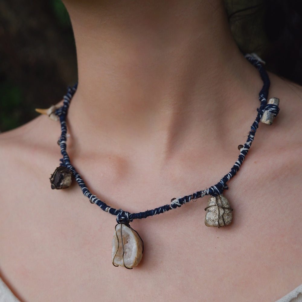 Serene Balance Crystal Fossil Necklace with Indigo Dyed Cord