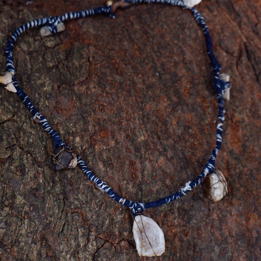 Serene Balance Crystal Fossil Necklace with Indigo Dyed Cord