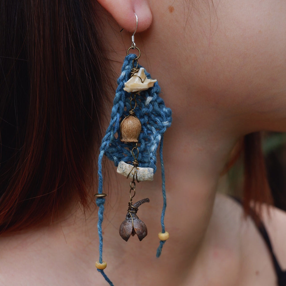 Calm Essence Handmade Earrings with Indigo Cotton and Natural Elements