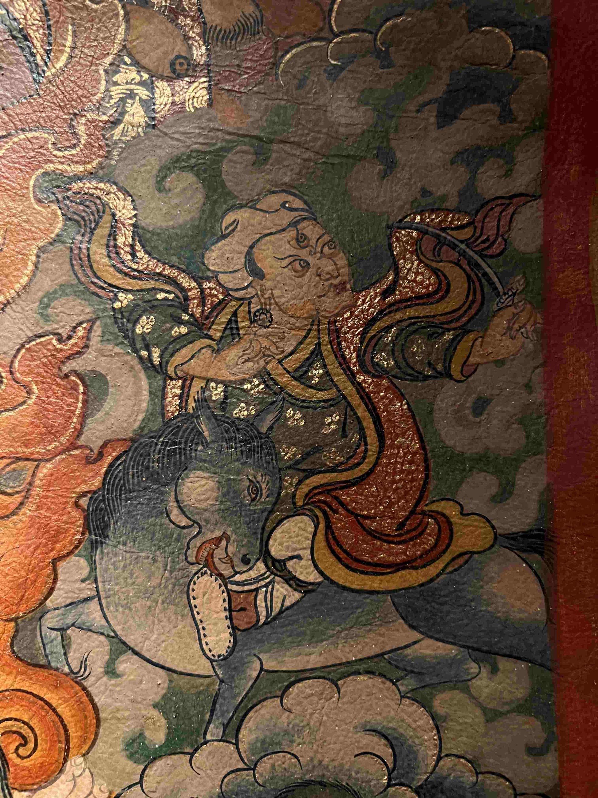 Riding Sheep Guardian Deity Deer Skin Thangka puretibetan