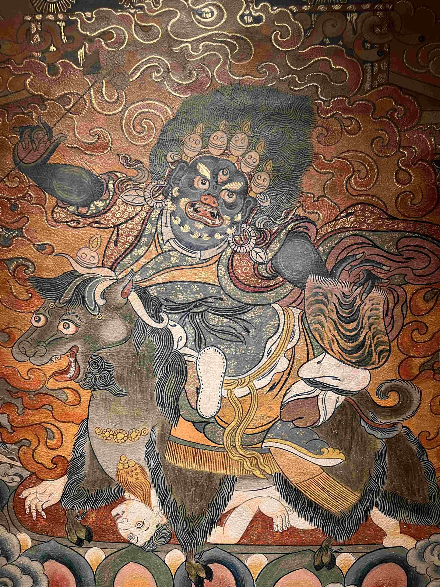 Riding Sheep Guardian Deity Deer Skin Thangka puretibetan