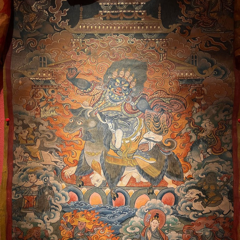 19th Century Dharmapala Vajrasadhu Riding a Goat Thangka Deer Skin Superfine Masterpiece puretibetan