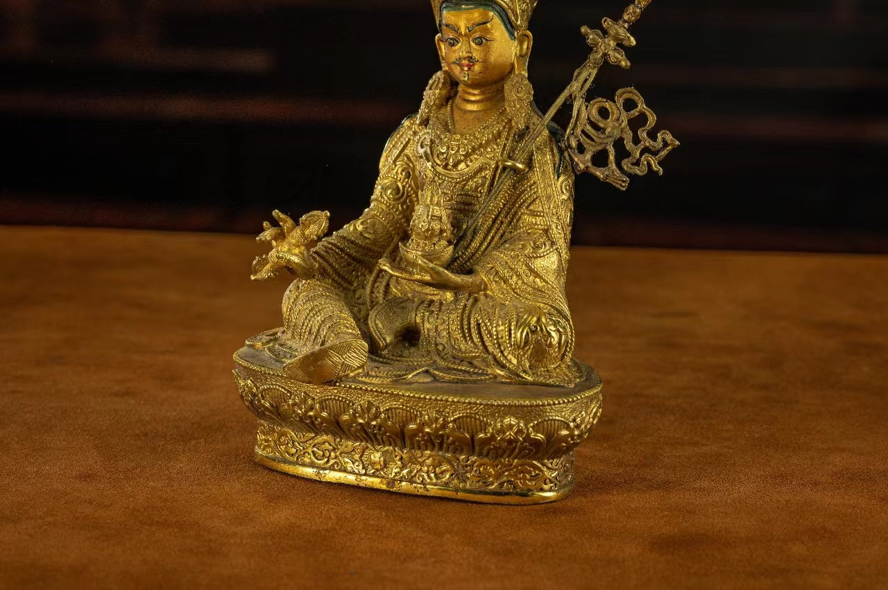 19th Century Padmasambhava Tibetan Antique Buddha Statue Fully Engraved Gilt From Dorje Drak Monastery puretibetan