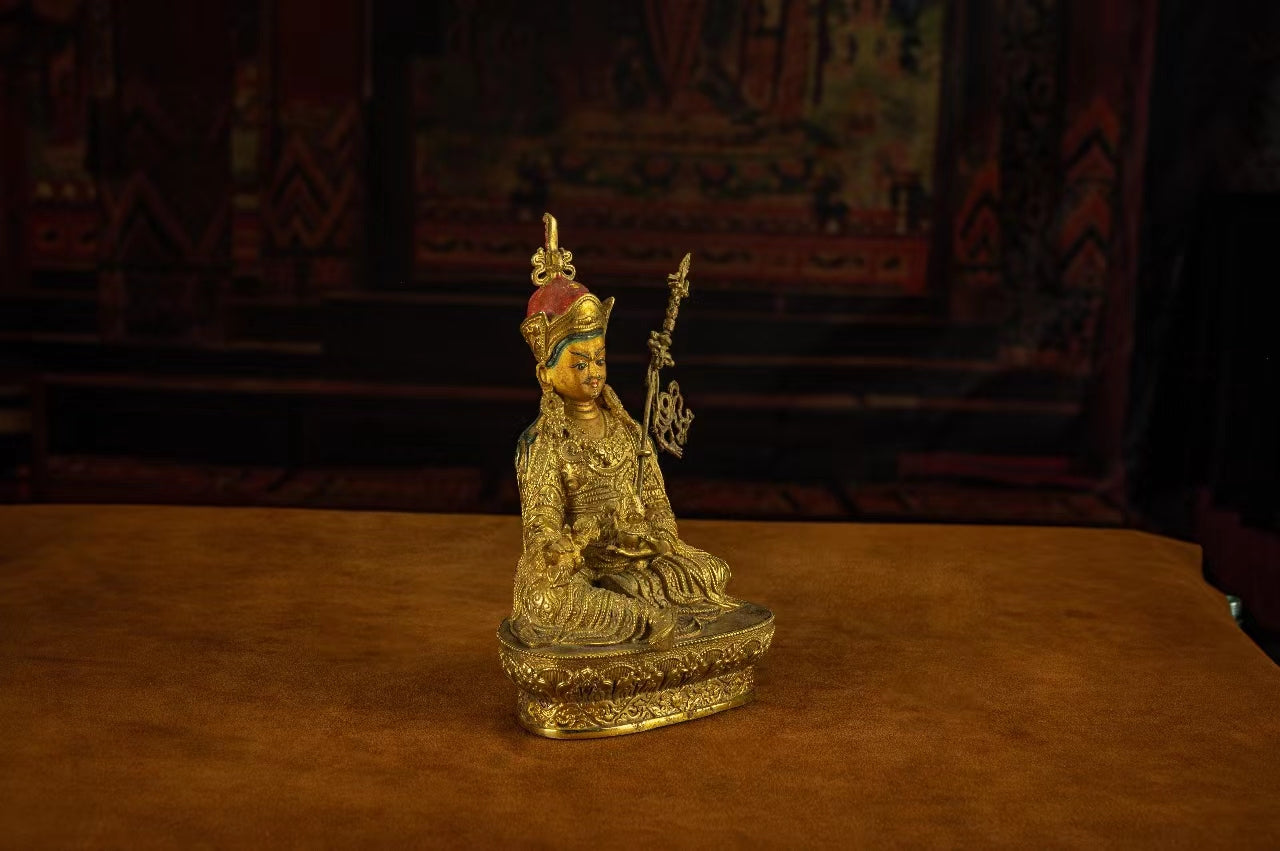 19th Century Padmasambhava Tibetan Antique Buddha Statue Fully Engraved Gilt From Dorje Drak Monastery puretibetan