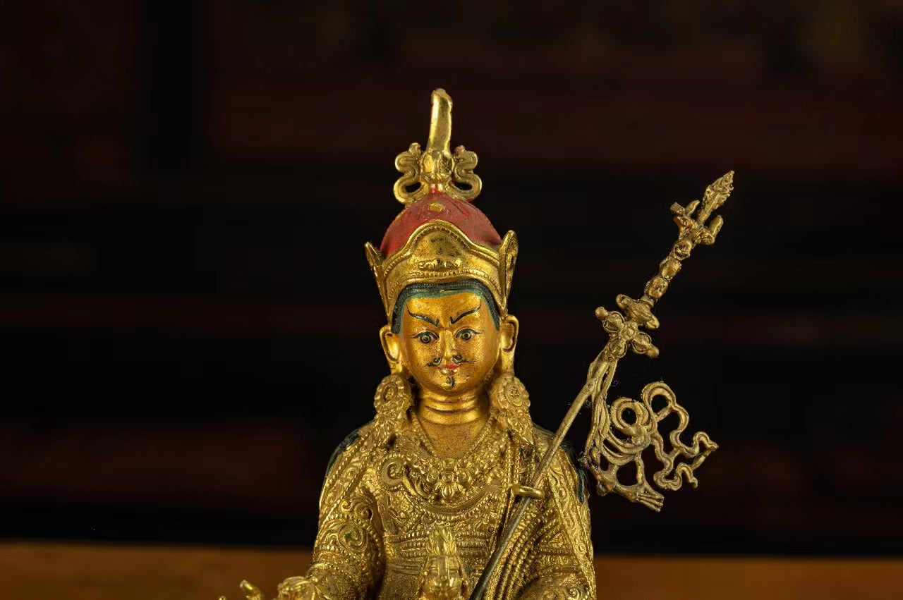 19th Century Padmasambhava Tibetan Antique Buddha Statue Fully Engraved Gilt From Dorje Drak Monastery puretibetan