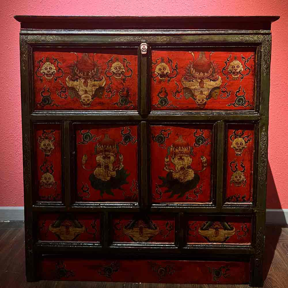 Painted “Five Senses Flower Offering” Tibetan Dharma Cabinet puretibetan