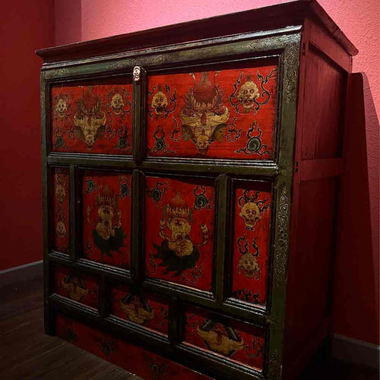 Painted “Five Senses Flower Offering” Tibetan Dharma Cabinet puretibetan