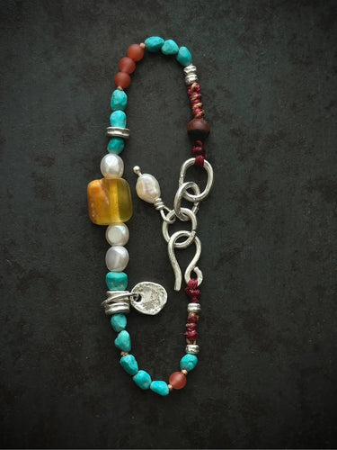 【Unique Item】 Nature's Mosaic: Raw Amber Agate  Turquoise Tibetan Pearls Silver Bracelet