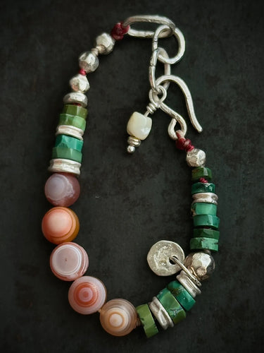 【Unique Item】 Heaven-Earth Vitality： Agate Dzi Beads Raw Turquoise Silver Bracelet