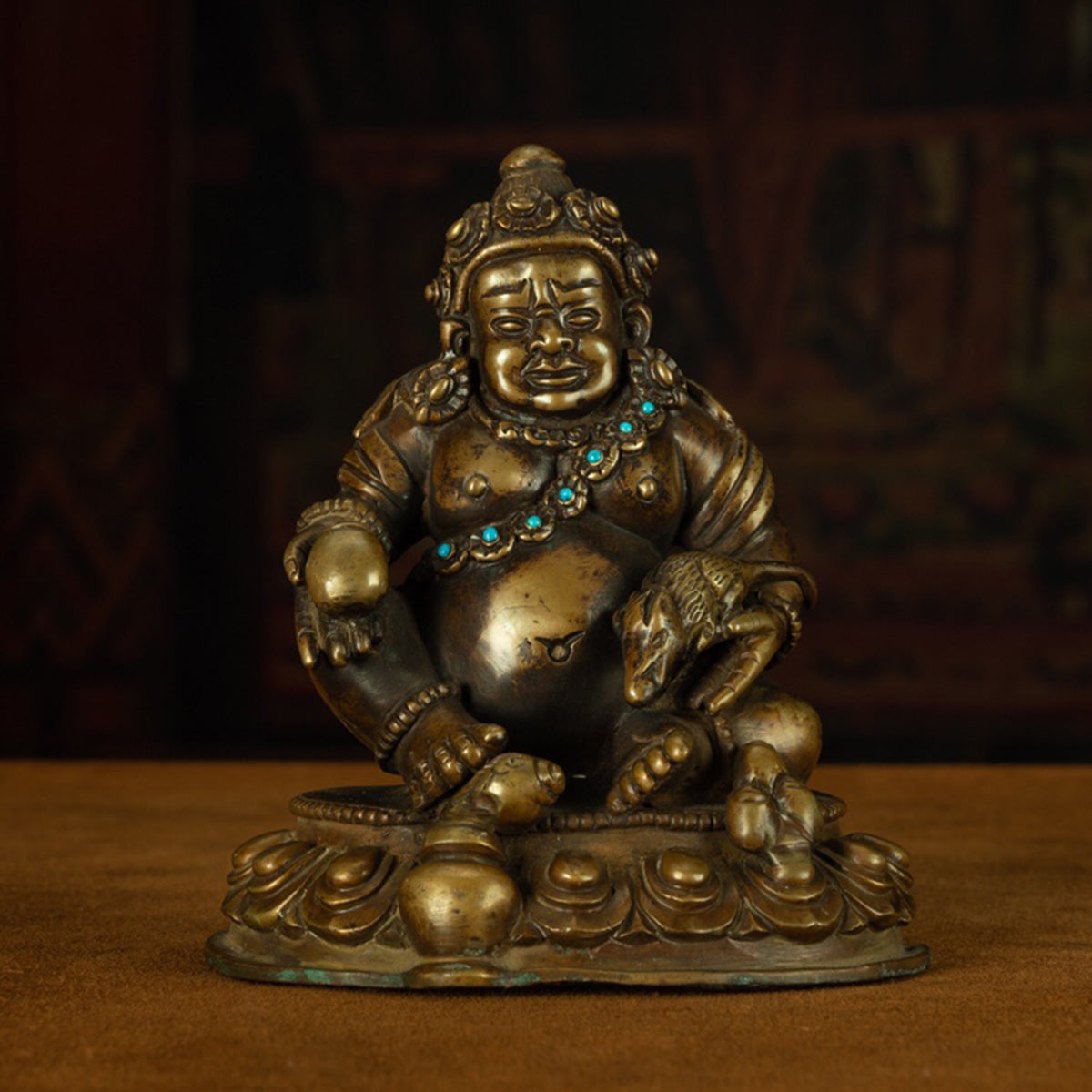 13th Century Tibetan Antique Buddha Statue Yellow God of Wealth Turquoise Inlay  Pala Style