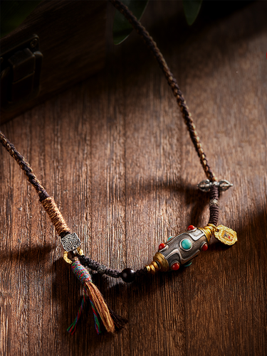 Handcrafted Woven Cord Nine-Eye Dzi Pendant