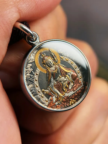 Artisanal Heritage Craft Padmasambhava  Meteoritic Iron  with Gold and Silver Inlay Pendant