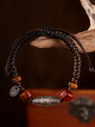 Handcrafted Woven Wax Cord Three-Eye Dzi Bead Bracelet