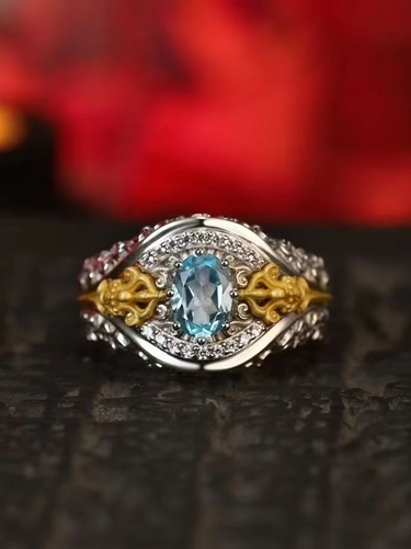 Vajra Ritual Ring: Padmasambhava's Symbol for Overcoming Obstacles & Divine Protection - Sterling Silver with  Blue Topaz