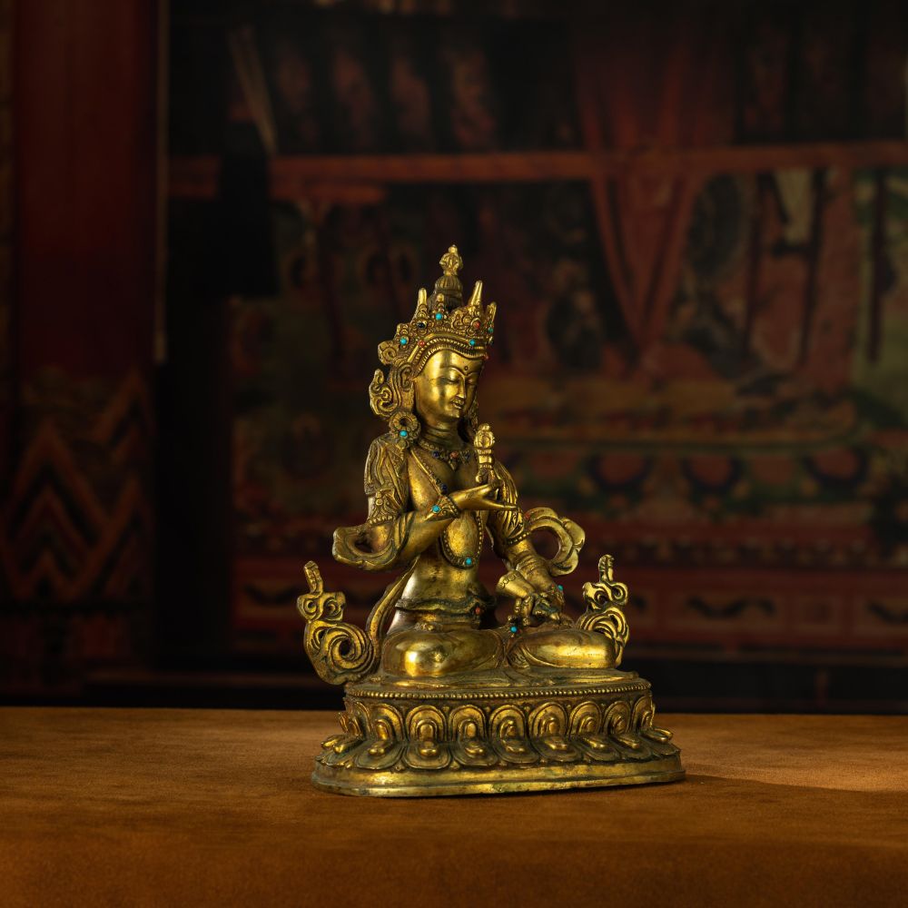 Qing Dynasty Vajrasattva statue Tibetan antique Buddha statue Gilt inlaid with Gemstones Minzhu Lin Temple Pure Tibetan