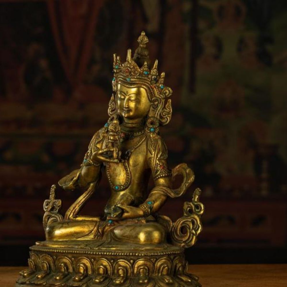 Qing Dynasty Vajrasattva statue Tibetan antique Buddha statue Gilt inlaid with Gemstones Minzhu Lin Temple Pure Tibetan