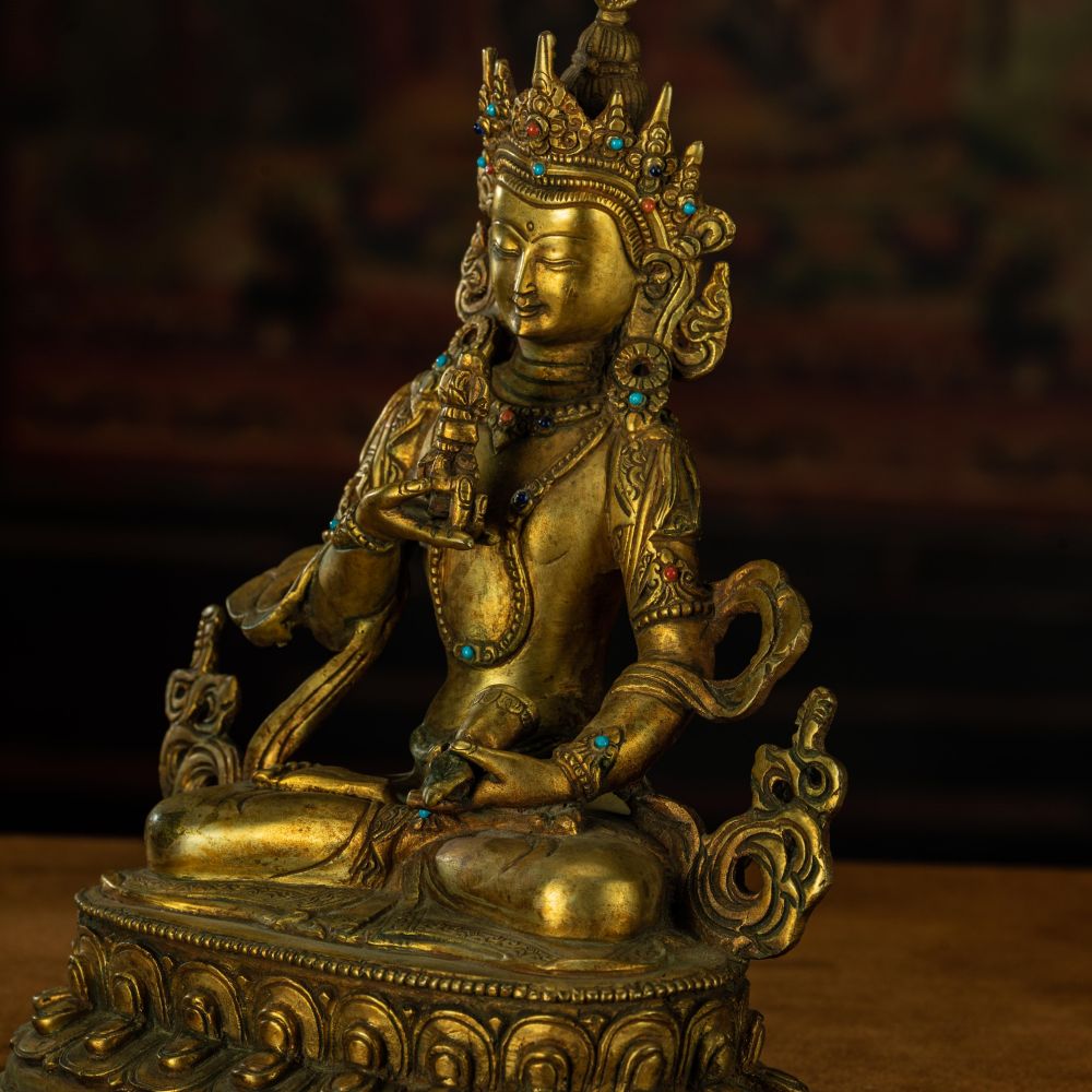 Qing Dynasty Vajrasattva statue Tibetan antique Buddha statue Gilt inlaid with Gemstones Minzhu Lin Temple Pure Tibetan