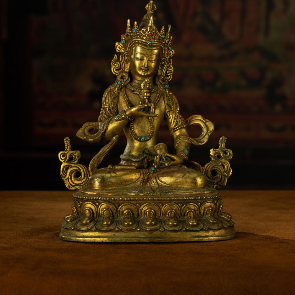 Qing Dynasty Vajrasattva statue Tibetan antique Buddha statue Gilt inlaid with Gemstones Minzhu Lin Temple Pure Tibetan