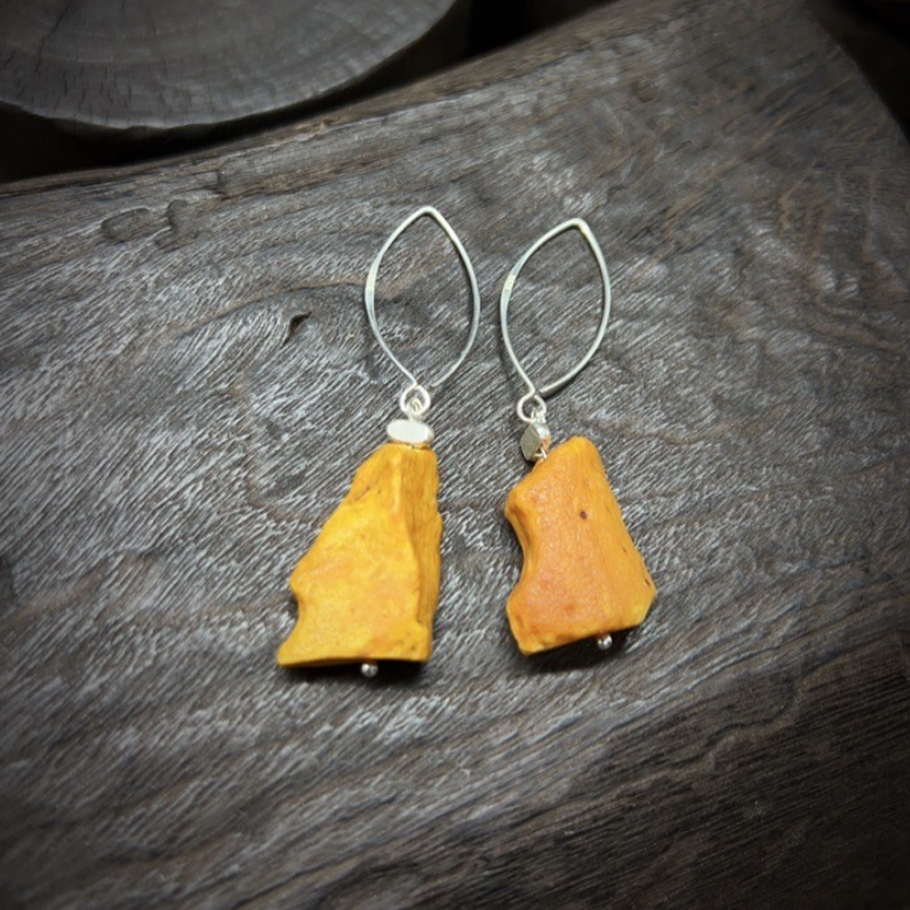 Tibetan Natural Raw Amber Silver Earrings For Wealth