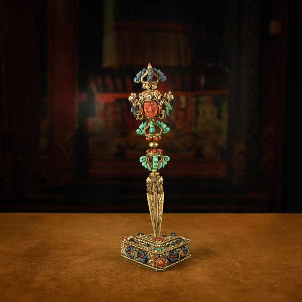 Extremely Rare Tibetan Top Five-Sided Puba Vajra with Coral, Turquoise, Lapis Lazuli, and Giant Clam