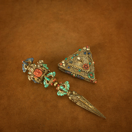 Extremely Rare Tibetan Top Five-Sided Puba Vajra with Coral, Turquoise, Lapis Lazuli, and Giant Clam