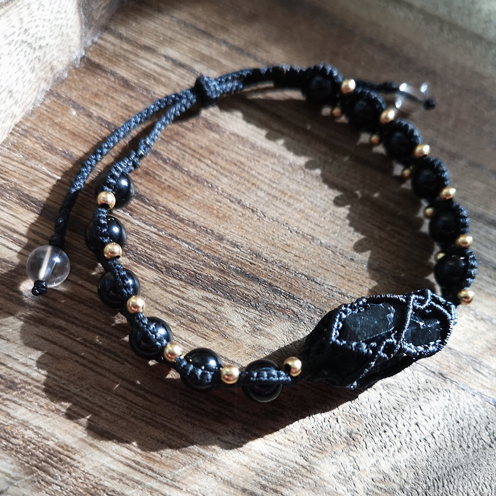 Black Tourmaline Shield Bracelet – Handcrafted Protection with Brass Accents