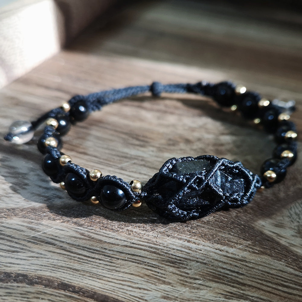 Black Tourmaline Shield Bracelet – Handcrafted Protection with Brass Accents