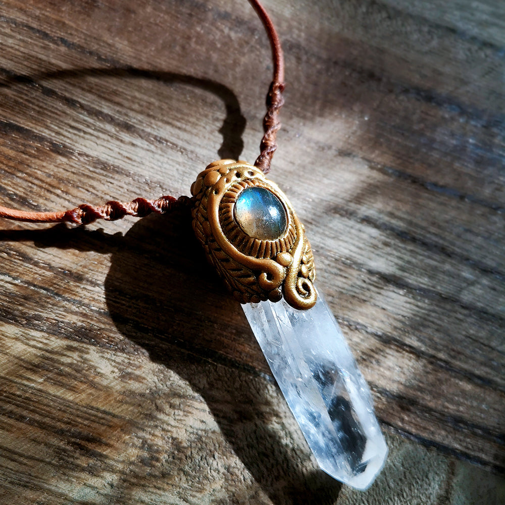 Tibetan Himalayan Quartz Pendant with Labradorite for Purity and Spiritual Clarity