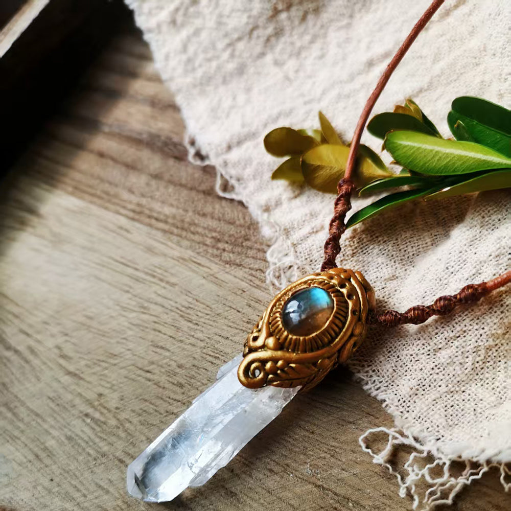 Tibetan Himalayan Quartz Pendant with Labradorite for Purity and Spiritual Clarity