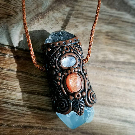 Tibetan Clay Energy Stone Pendant with Sunstone & Moonstone & Celestite and Herkimer Diamond for Calm