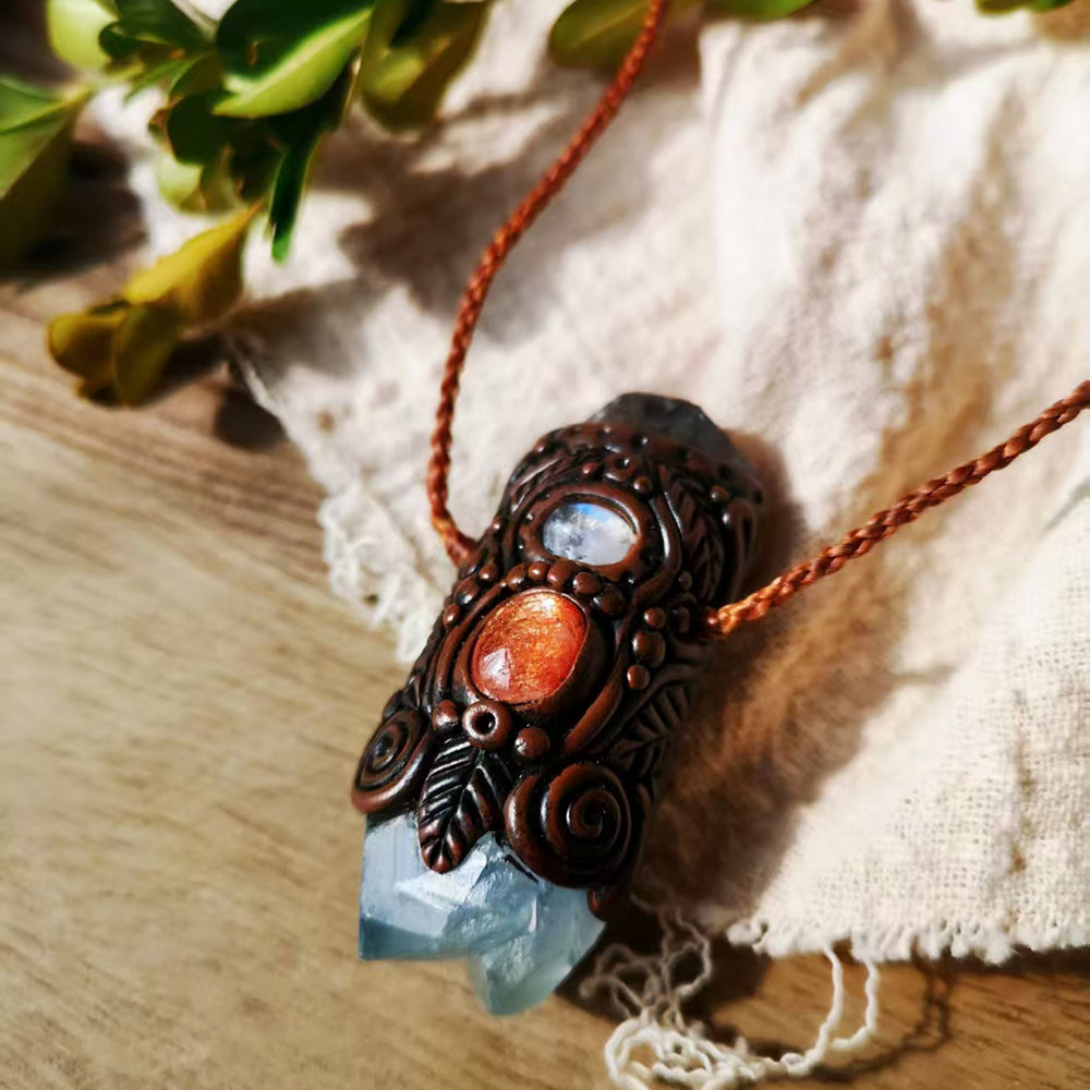 Tibetan Clay Energy Stone Pendant with Sunstone & Moonstone & Celestite and Herkimer Diamond for Calm