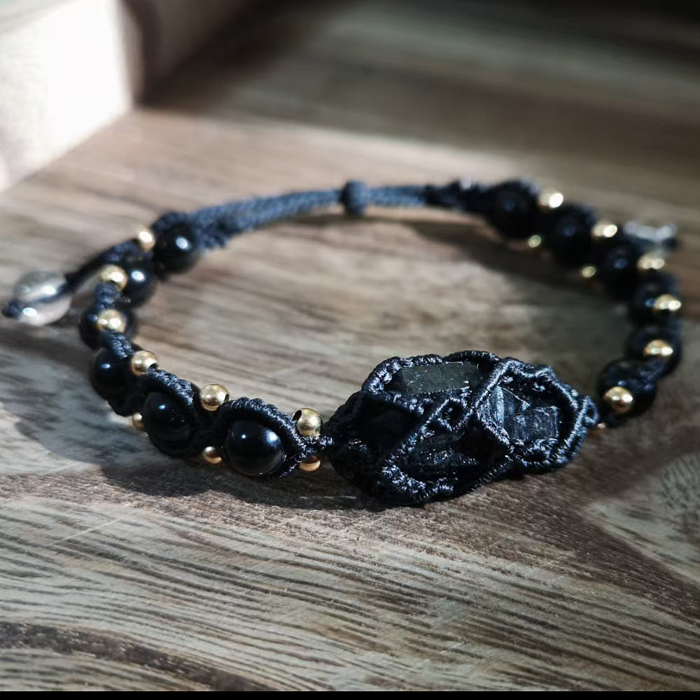 Black Tourmaline Shield Bracelet – Handcrafted Protection with Brass Accents