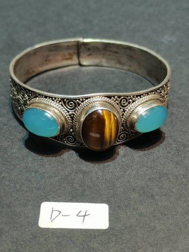 Tranquil Strength Bracelet | Pure Silver Bangle with Aquamarine and Tiger Eye for Calm and Protection
