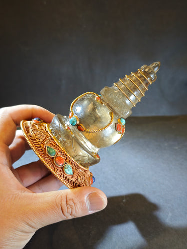 Naturally Etched Himalayan Smoky Quartz Stupa Sculpture