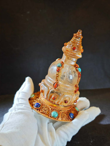 Himalayan Golden Clear Quartz Stupa Sculpture