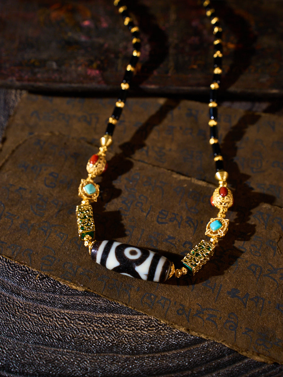 Triple Wealth & Sacred Vision – Panda Three-Eyed Dzi Bead Black Agate Handmade Necklace