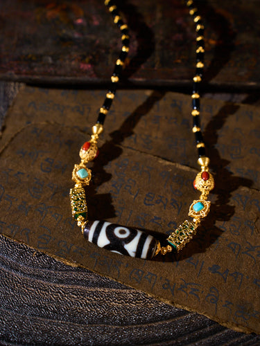 Triple Wealth & Sacred Vision – Panda Three-Eyed Dzi Bead Black Agate Handmade Necklace