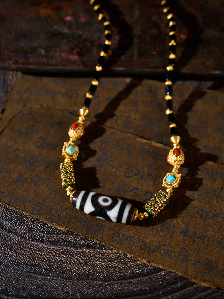 Triple Wealth & Sacred Vision – Panda Three-Eyed Dzi Bead Black Agate Handmade Necklace
