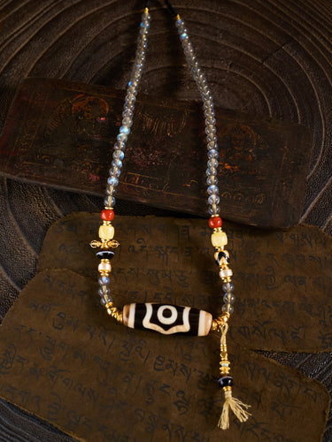 Triple Blessings of Wealth, Health & Longevity – Three-Eyed Dzi Bead Labradorite 108 Mala Necklace