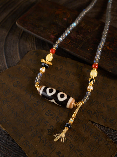 Triple Blessings of Wealth, Health & Longevity – Three-Eyed Dzi Bead Labradorite 108 Mala Necklace