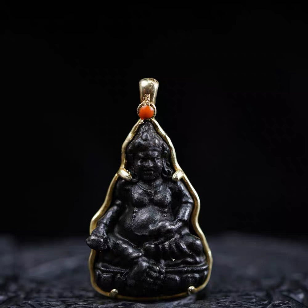 Yellow Dzambhala Carved Thokcha Iron Kubera Gold Frame Coral Pendant Necklace