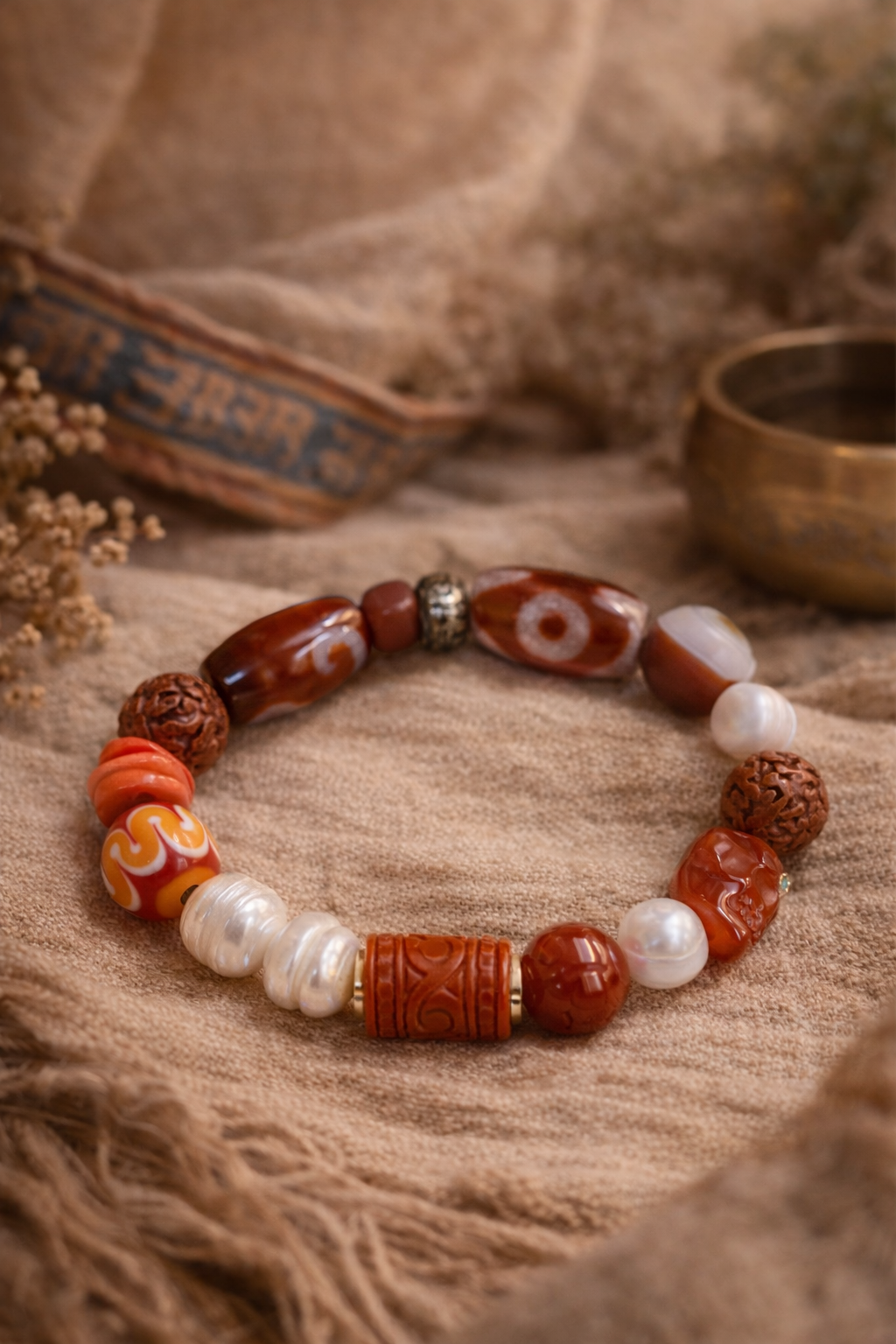 Three Treasures of Buddha Seven Jewels Agate Pearl Coral Bracelet