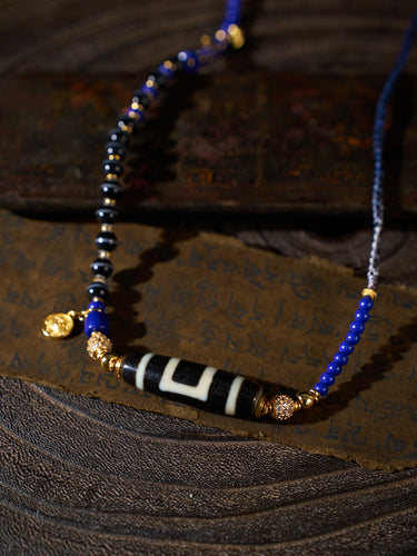 Cosmic Balance & Dual Realm Blessings – Heaven-Earth Dzi Bead Lapis Lazuli Necklace