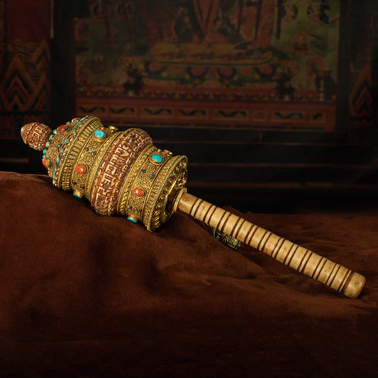 Qing Dynasty Prayer Wheel Tibetan ritual instrument gilt filigree inlaid with gems